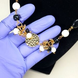 Gold Medallion Beaded Necklace –  w/ Black, White beads Hammered discs, 34+3"